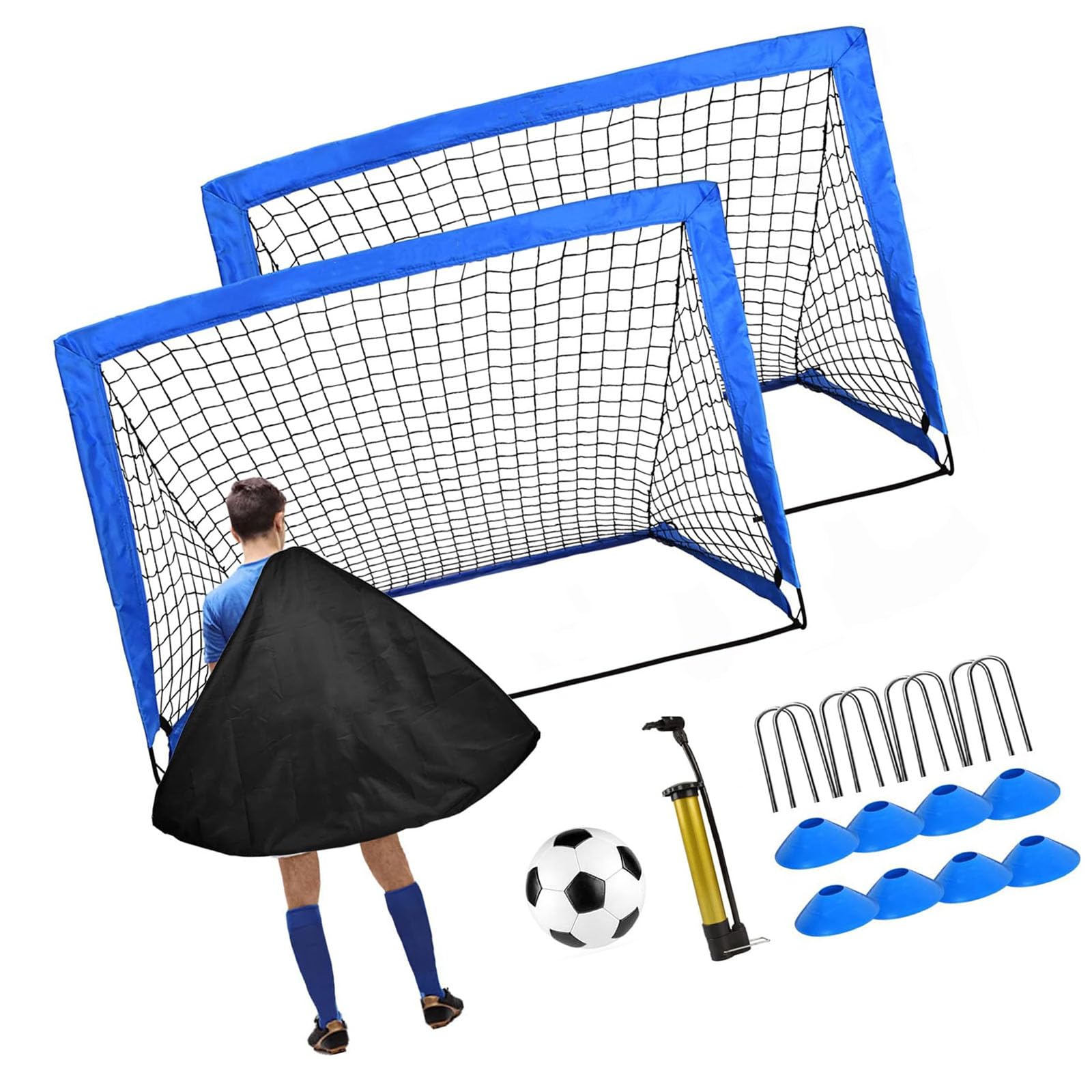 Juego de práctica de fútbol para niños, incluye 2 estructuras de cono de bola, ventilador de aire para deportes de equipo y entretenimiento familiar, conos de entrenamiento de fútbol incluidos