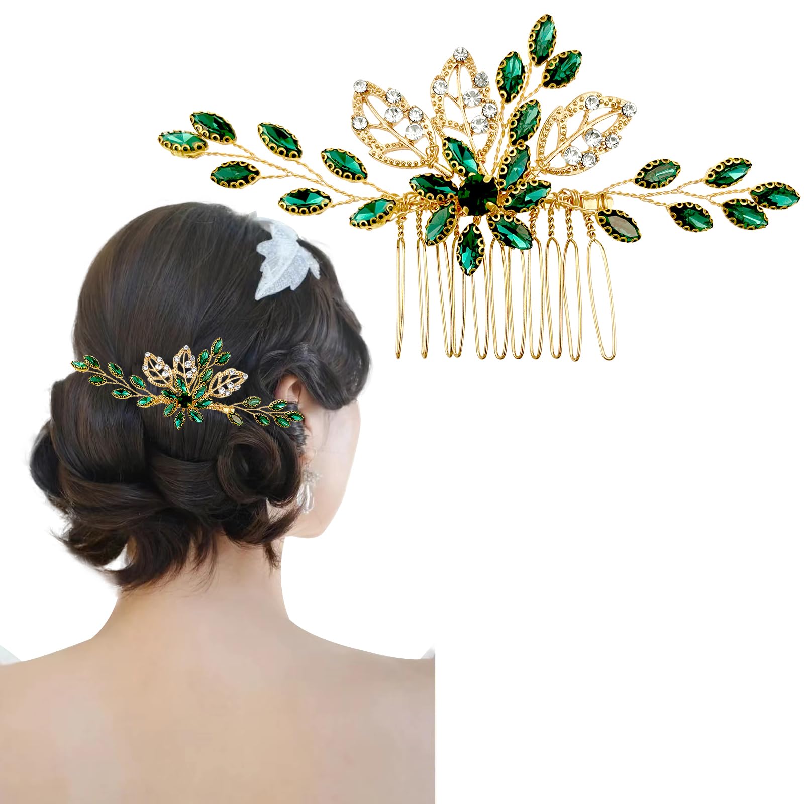 Bridal Green Gold Crystal Hair Comb,Wedding Rhinestone Hair Side Comb Fashion Hair Clip Handmade Hair Accessories for Bride Wedding Prom Girl Headpieces
