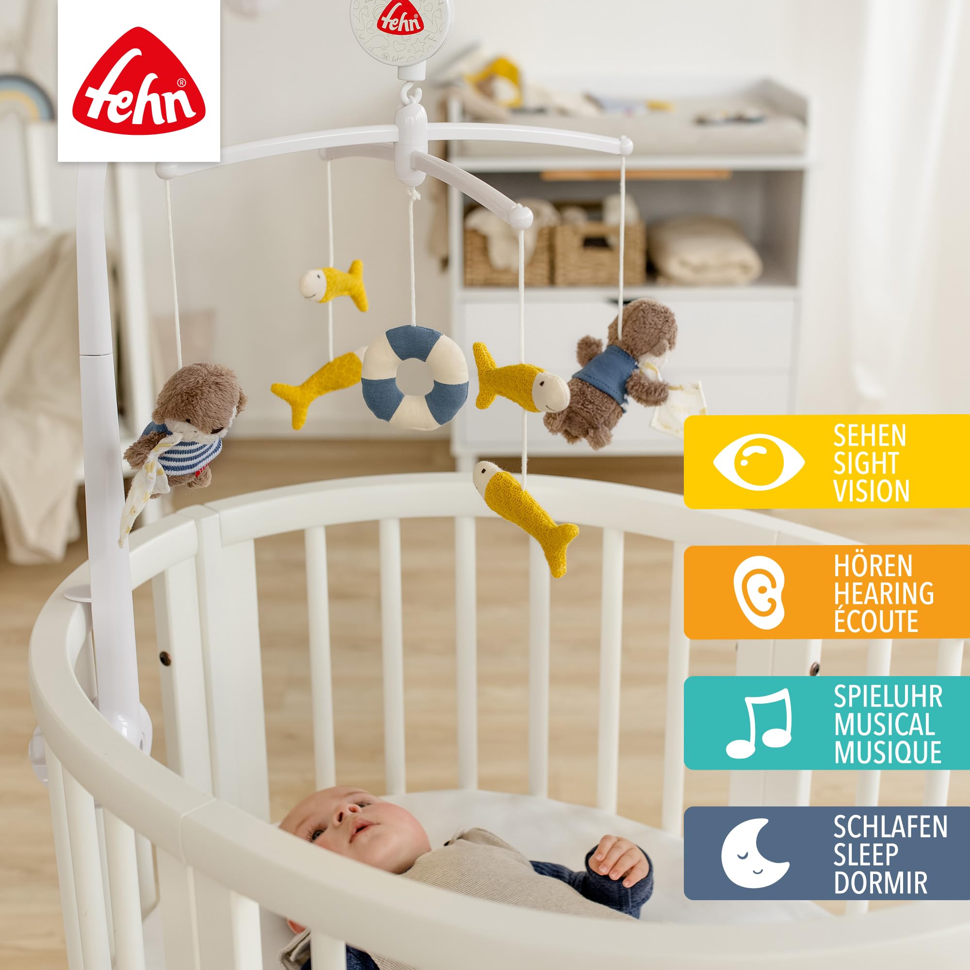 Fehn Musik-Mobile Otter Theo – Aufzieh-Mobile mit Spieluhr-Melodie „Mozarts Wiegenlied“ und Figuren zur Beruhigung & Beschäftigung – Mit Bett-Befestigung für Babys von 0-5 Monaten