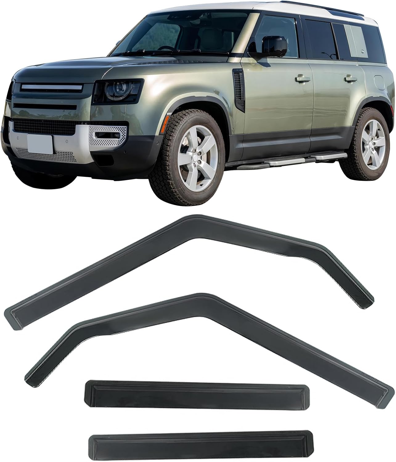 IKON MOTORSPORTS in Channel Window Visors Compatible with 2020-2025 Land Rover Defender 110 & Defender 130, PC Polycarbonate Black Rain Guards, Side Window Wind Deflectors 4PCS