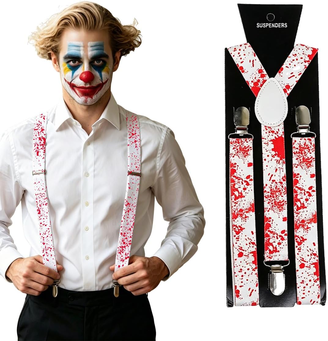 Halloween Men's Suspenders, Blood Stain Design Adjustable Suspenders Heavy Duty Clip for Men and Women, for Party Cosplay Costume Accessory