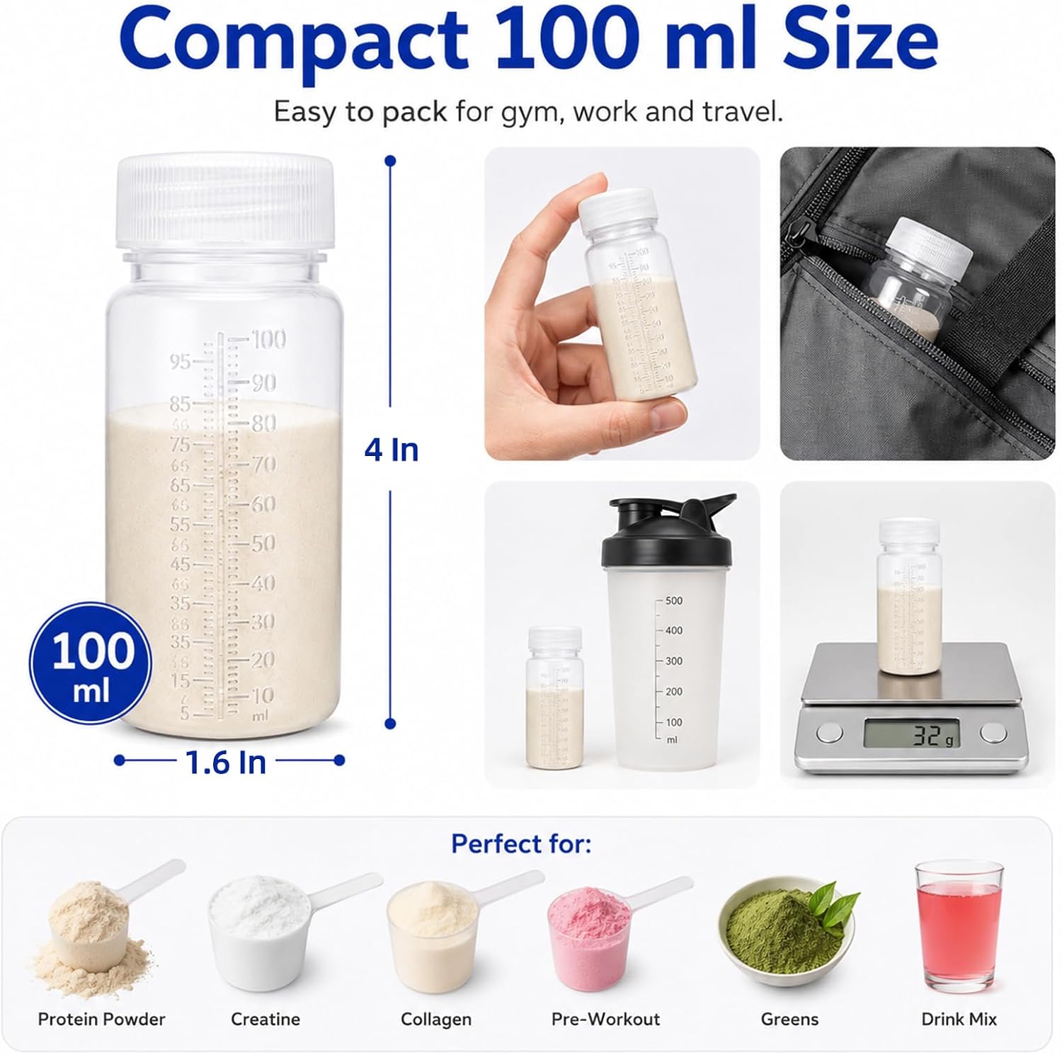 Protein powder travel container, 6 Pack 100ml Reusable Bottles with Funnel, Labels, Storage Pouch & 5g Scoop, Portable Supplement Storage for Gym & Trips