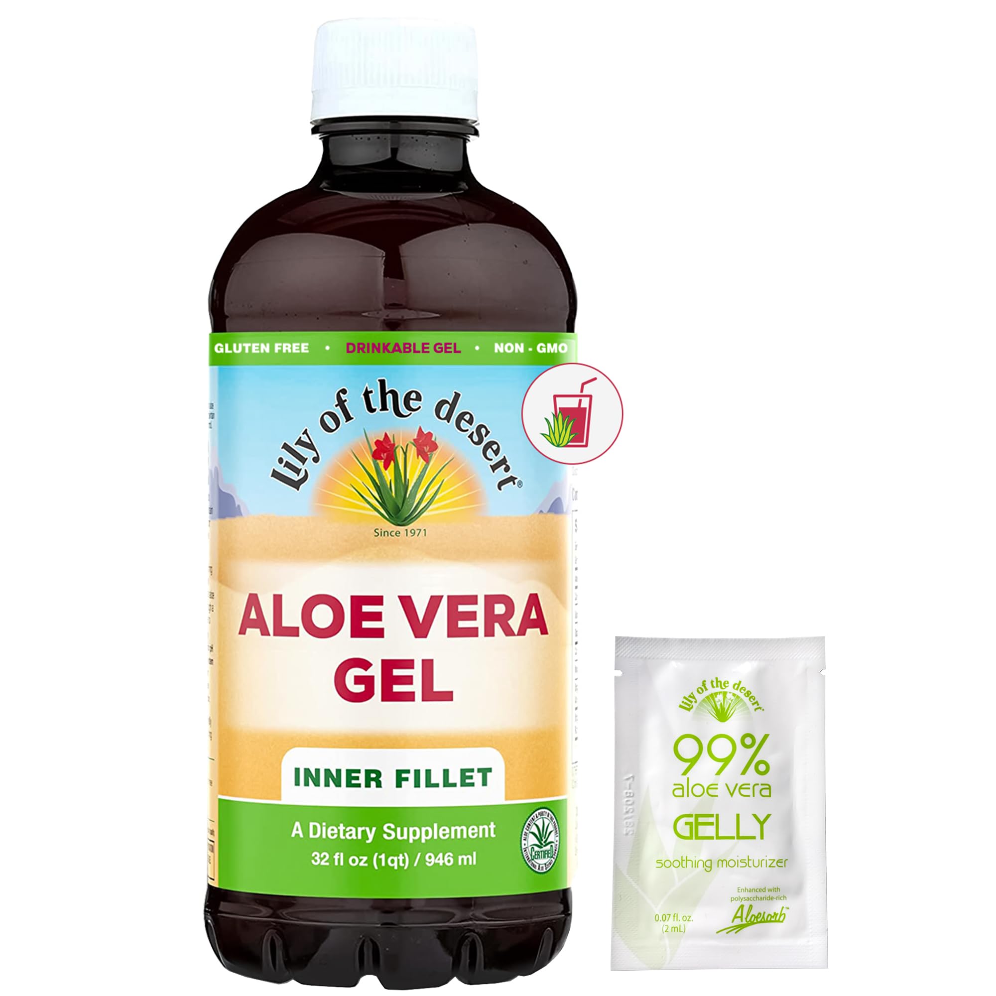 Lily of The Desert Aloe Vera Gel - Inner Fillet Filtered Drink with Natural Vitamins, Digestive Enzymes for Gut Health, Stomach Relief, Wellness, Glowing Skin, 32 Fl Oz, Gelly Sachet Included.