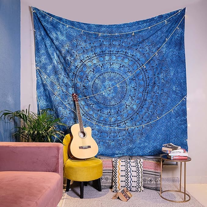 Image of Craft Trade 54x84 Inches Blue Cotton Mandala Ombre Wall Hanging Tapestry