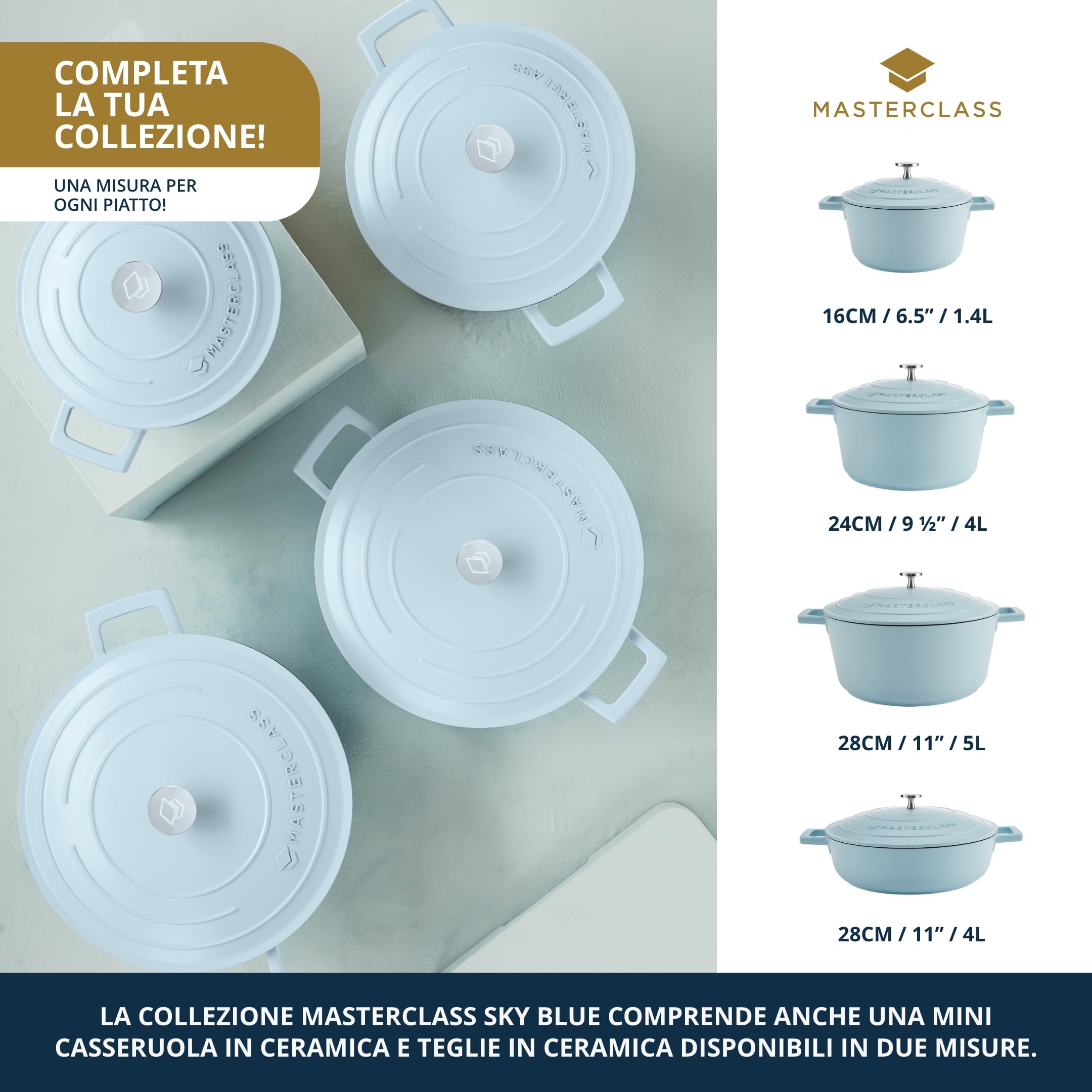 MasterClass Casseruola con coperchio, grande 5L/28 cm, leggera in alluminio fuso, sicura per forno e piano cottura a induzione, blu cielo