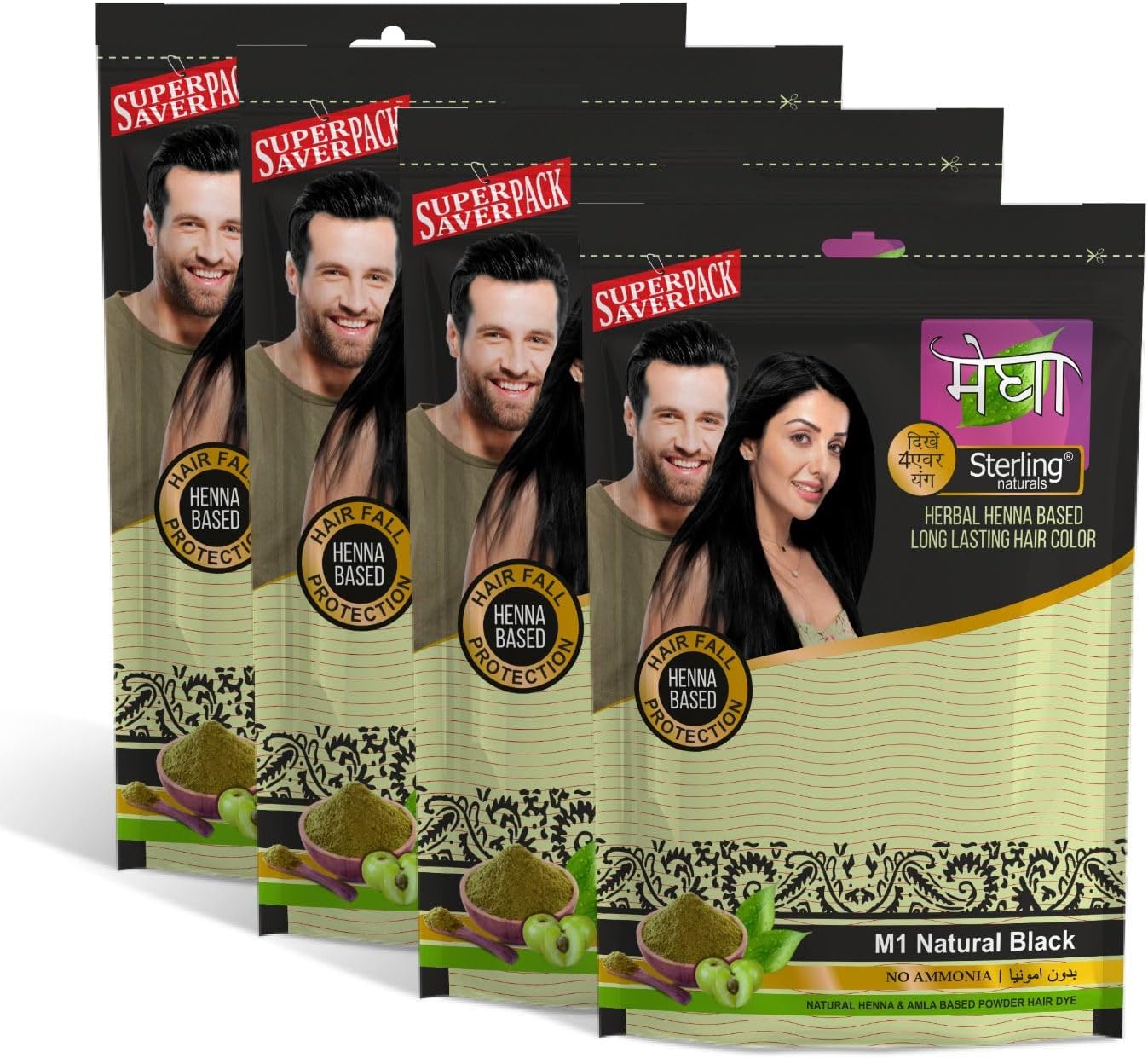 Megha Mehandi Hair Care Powder โ Megha Mehandi (Pack Of 4) For Natural Hair Color Solution | For Men & Women 45GM. (Black)