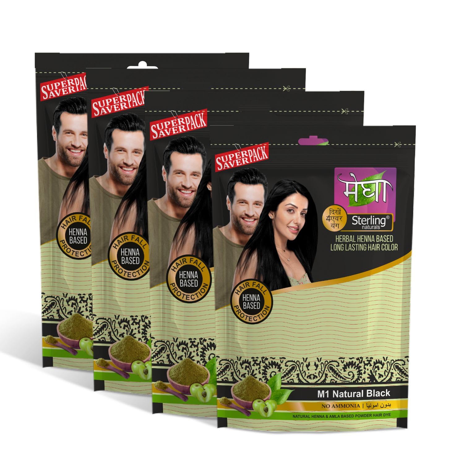 Sterling Naturals Megha Mehandi Hair Care Powder – Megha Mehandi (Pack Of 4) For Natural Hair Color Solution | For Men & Women 45GM. (Black)