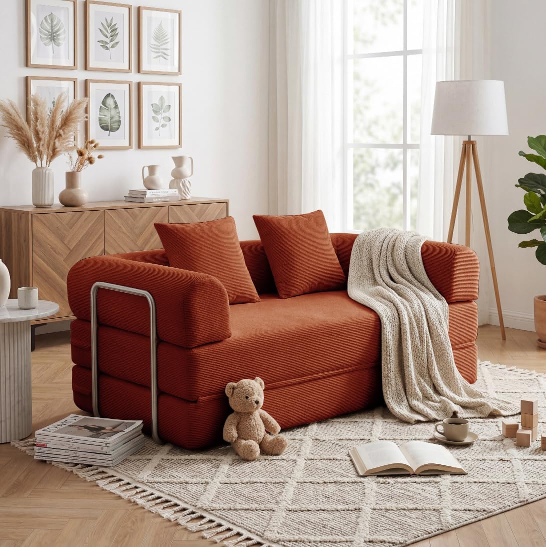 53.15'' Convertible Compressed Corduroy Folding Cloud Sofa Bed, Modern Boneless Pull Out Loveseat Sleeper in a Box, 4 in 1 Floor Mattress Futon Cloud Couch, No Assembly Needed, Orange, Pillows, Full