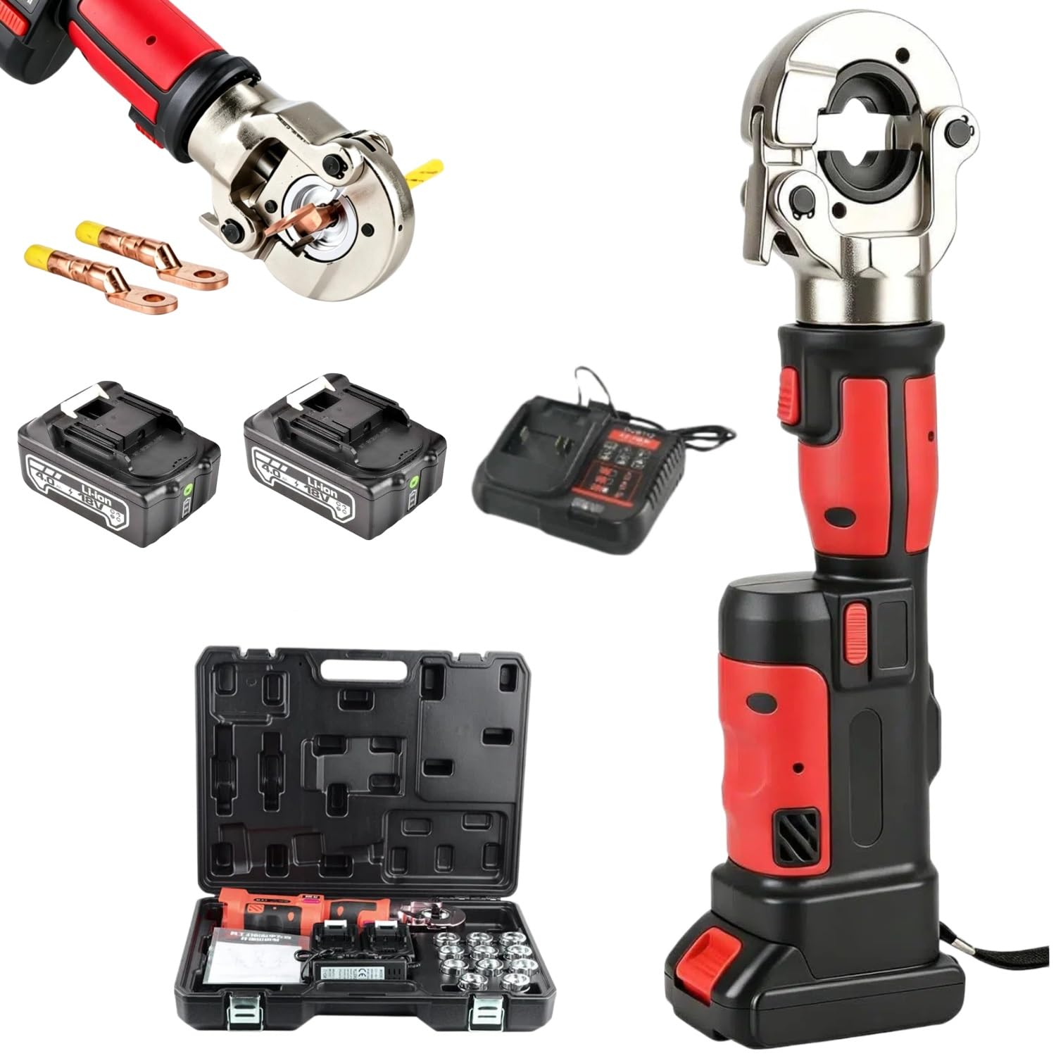 6Ton Electric Hydraulic Crimping Tool,10-300mm²/8AWG-600MCM Continuously Crimp Hydraulic Wire Crimper,Wire Cable Lug Crimping Tool Kit,for Cu/Al Terminal,with 12 Dies 2 Batteries Battery Powered