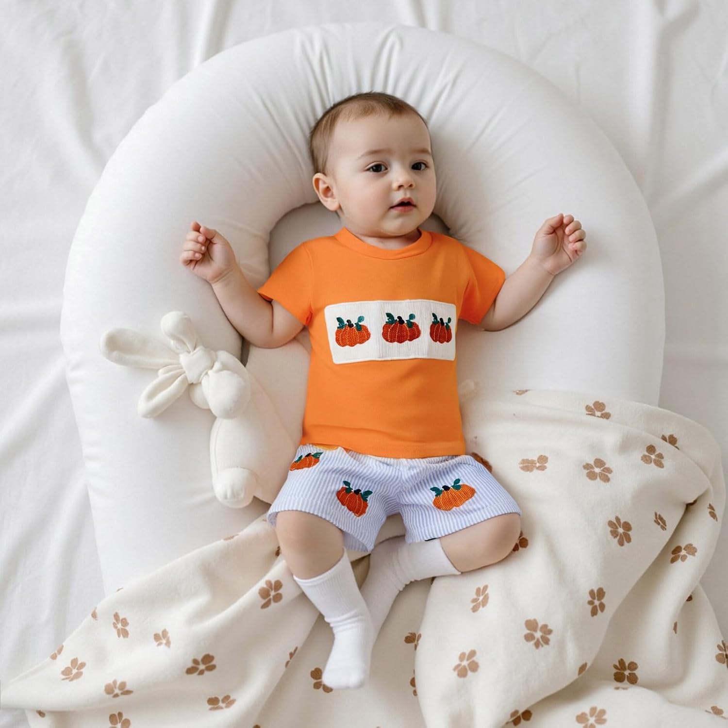 Toddler Baby Boy Halloween Clothes Pumpkin Embroidery Smocked Short Sleeve T-Shirt and Plaid Shorts Set Fall Outfits - Image 4