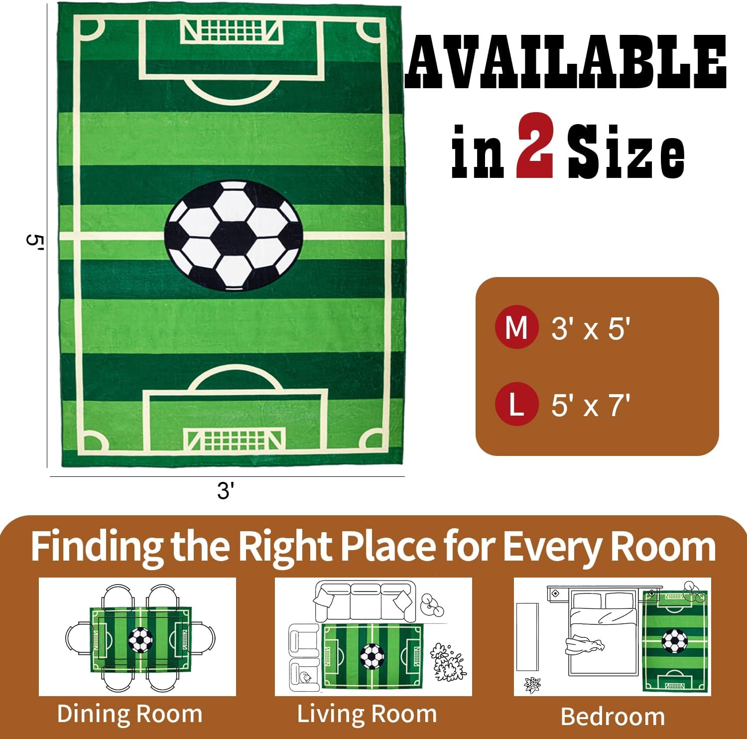 Soccer Field Area Rug Football Themed Carpet for Bedroom Playroom Green Sports Decor Mat with Soccer Ball Design Non-Slip Soft Floor Rug 3' x 5'