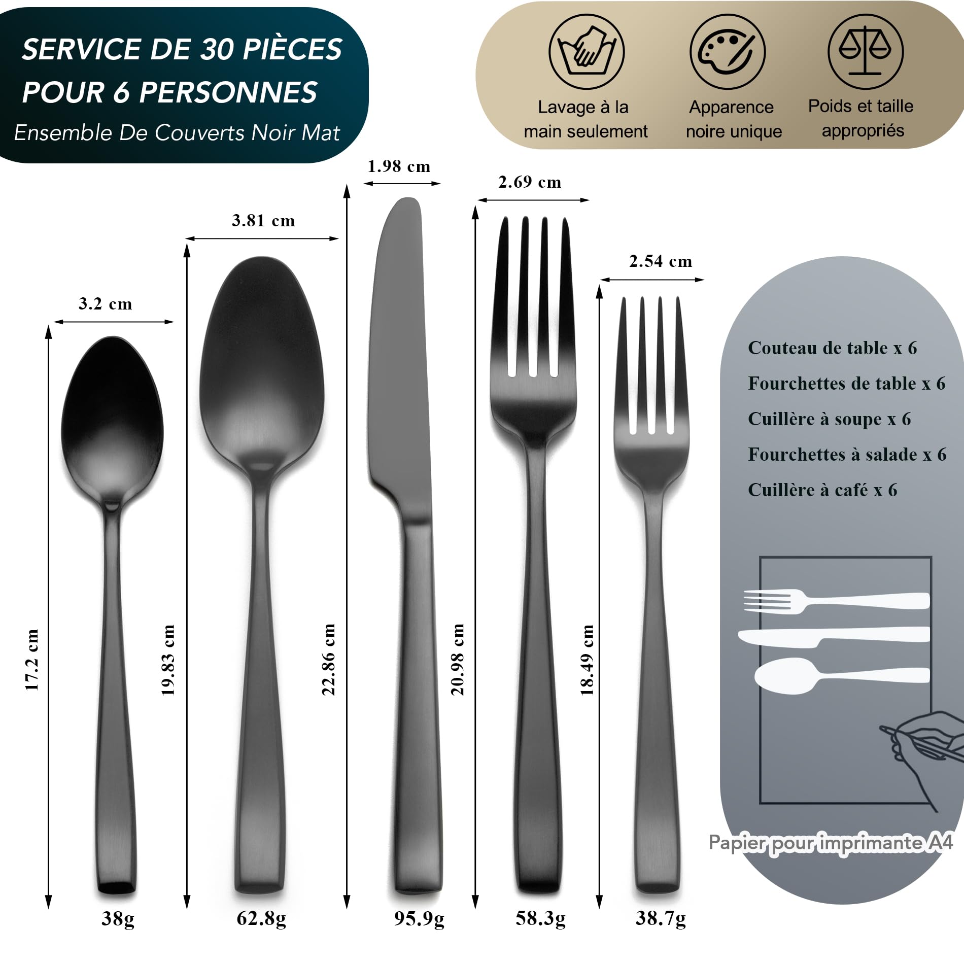 Lot de 30 couverts en acier inoxydable de qualité supérieure pour 6 personnes avec poignées uniques, couverts noirs modernes avec couteau, fourchette, cuillère