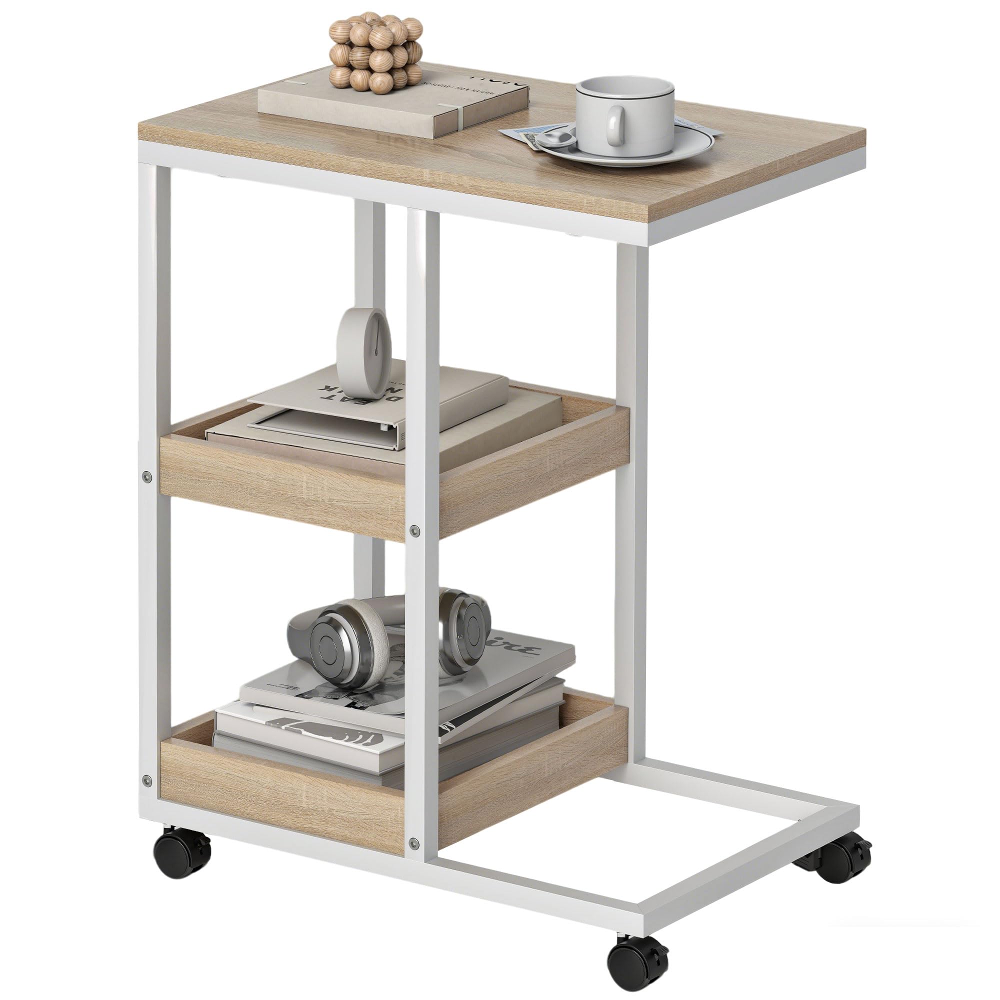 HOMCOM Mesa Auxiliar con Ruedas 2 Estantes, 51x33x66 cm, Natural y Blanco | Mesa Auxiliar para Sofá en Forma de C, Estantes Abiertos, Marco de Acero, para Salón, Dormitorio
