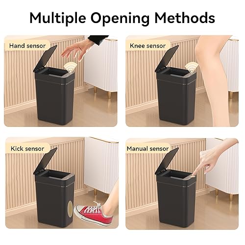 Miniatura 6 de Paquete de 3 cubos de basura de baño de 2.6 galones pequeños sin contacto con sensor de movimiento automático, cubos de basura delgados e