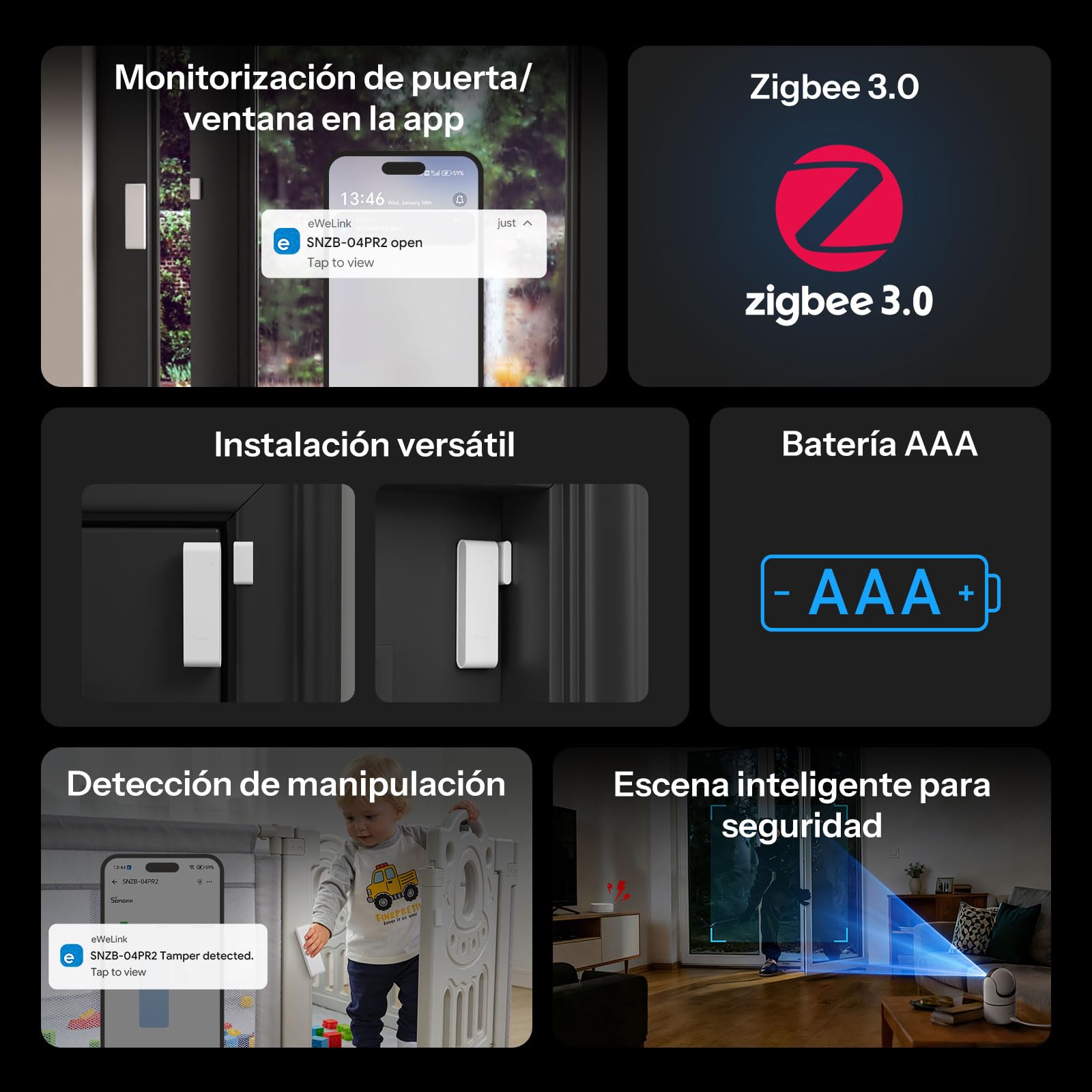 SONOFF SenseGuard DW Gen2 SNZB-04PR2 Sensor de contacto para puerta y ventana Zigbee, monitorización de apertura/cierre, a prueba de manipulaciones, alerta por teléfono, alarma de seguridad para el