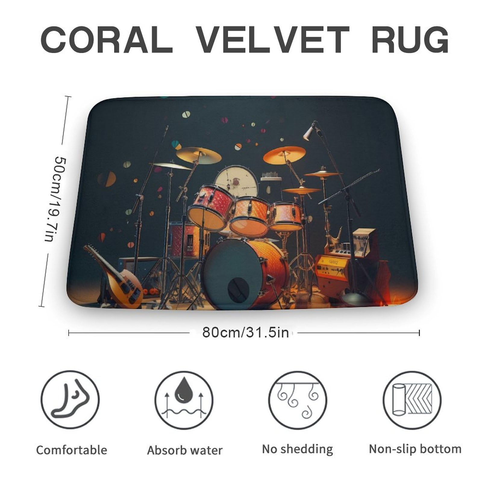 Music Drum Guitar Coral Velvet Rugs Non-Slip Bathroom Rugs Soft Kitchen Rug Floor Carpet for Home Decor 19.7
