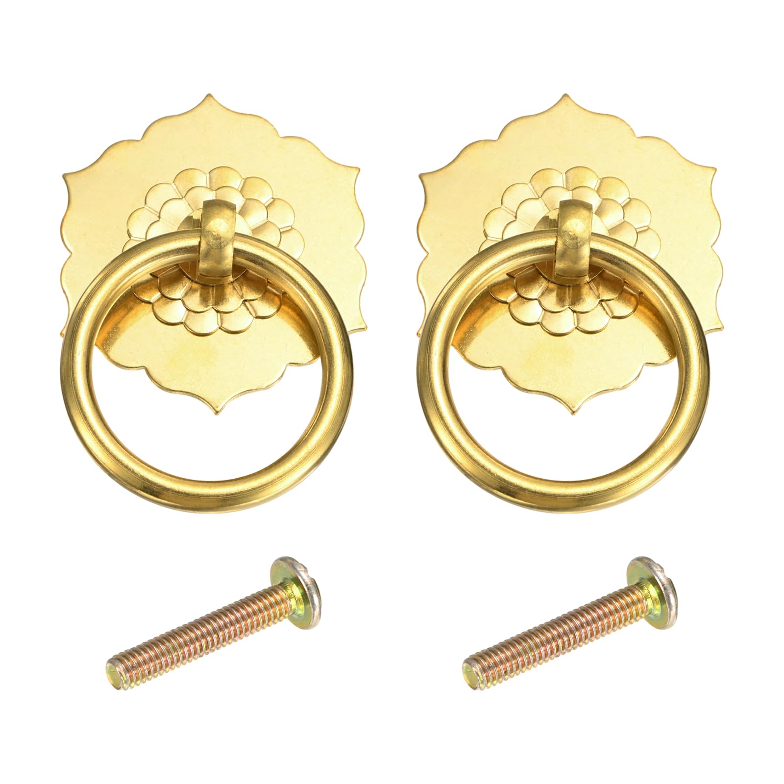 sourcing map 2Pcs 2 Inch Brass Drawer Pulls and Knobs, Vintage Ring Drawer Pulls with Screws Flower Shape for Cabinet Dresser Closet Cupboard, Gold Tone