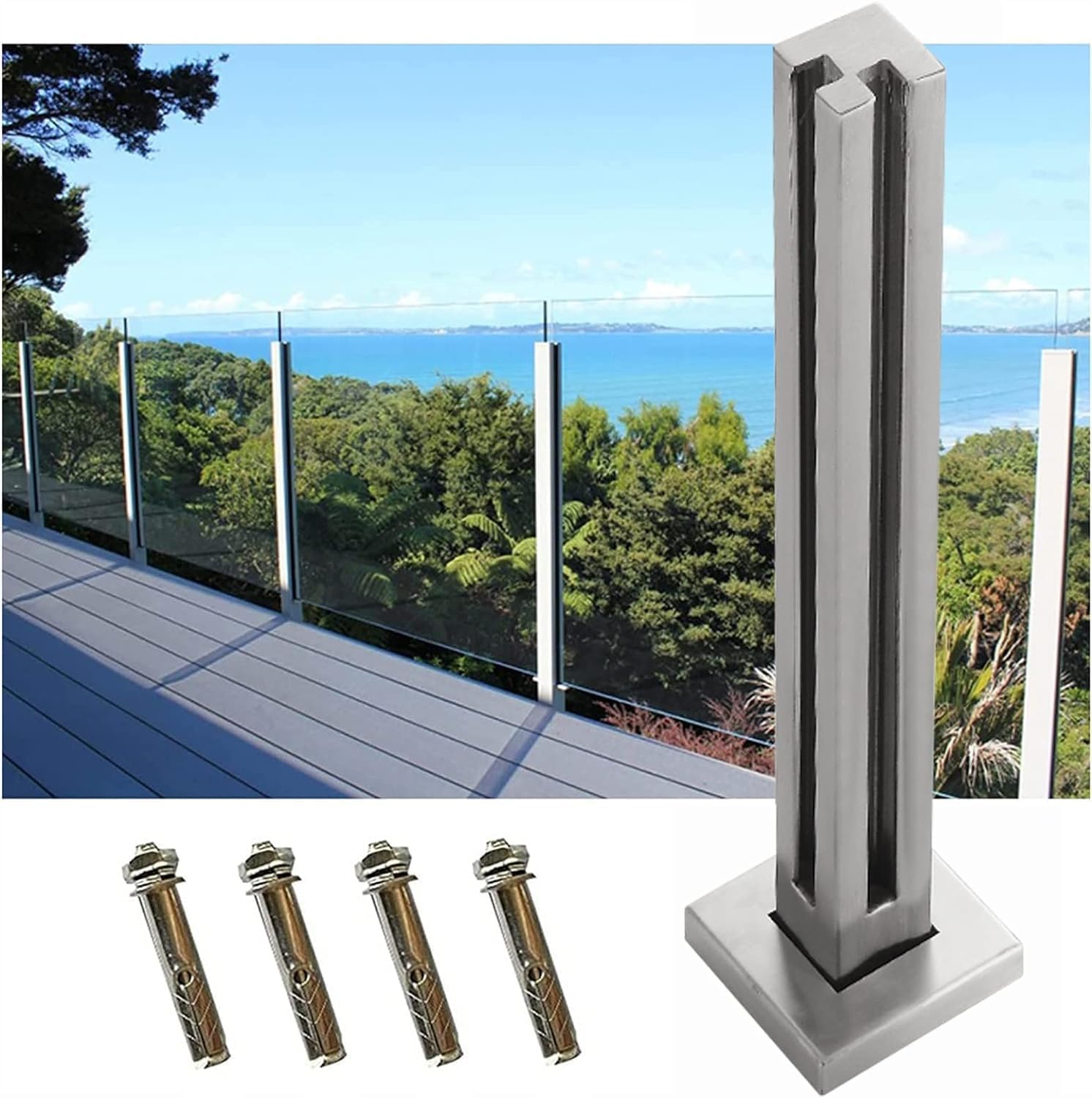 Garde-corps vitré avec poteau d'angle carré 85cm et fixations pour terrasse
