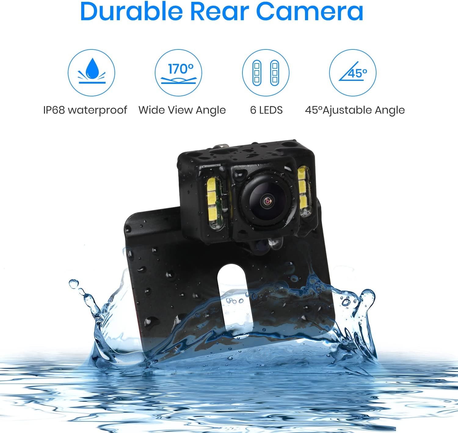 Жакын план view of the AUTO-VOX M1W backup camera showing its IP68 waterproof rating, 170-degree wide view angle, 6 LEDs for night vision, and 45-degree adjustable angle, with water splashing around it.