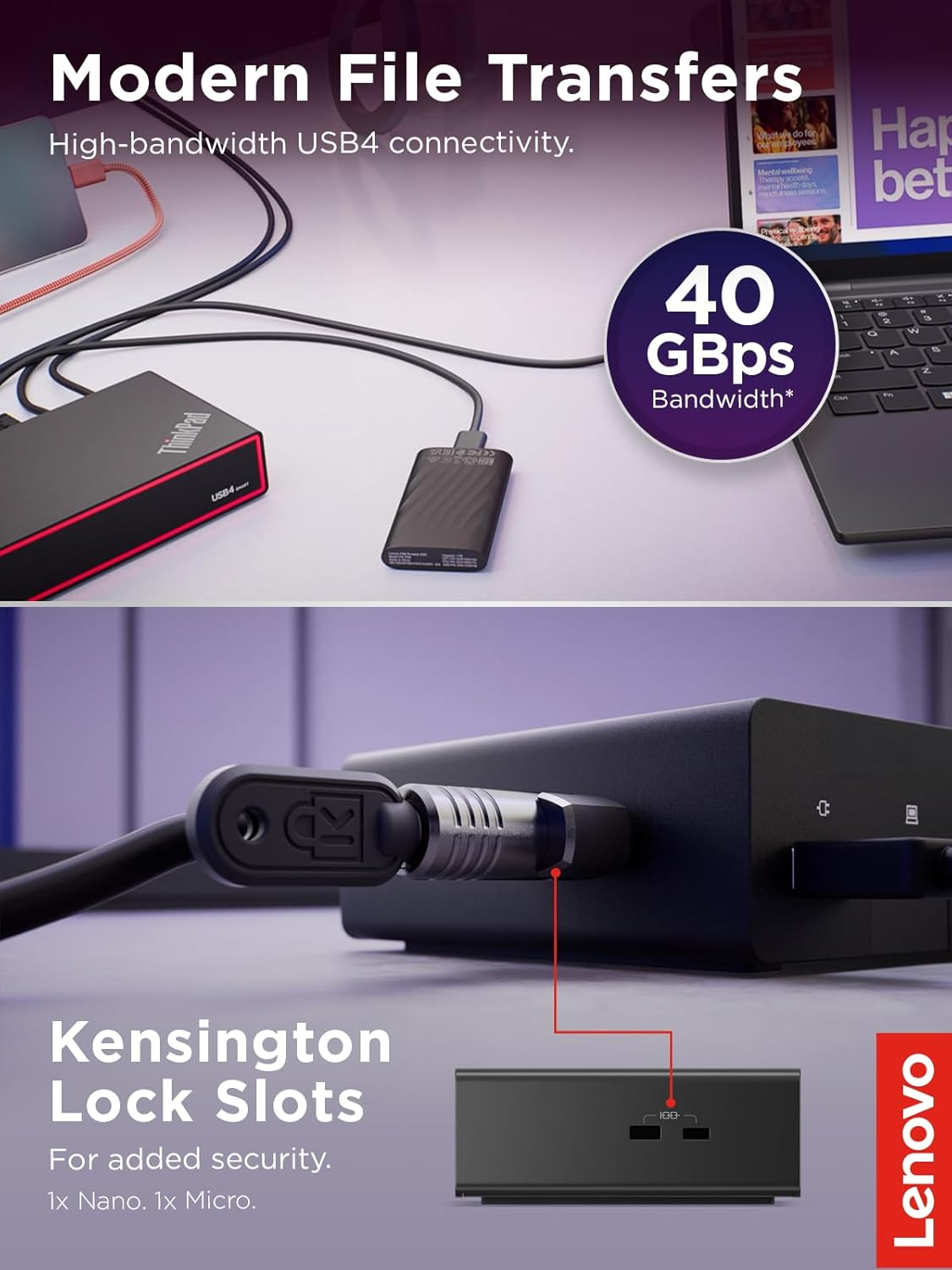 Lenovo ThinkPad USB 4 Smart Dock 5500 w/ 135W Adapter, Supports up to 4 Displays, 100W Power to Laptop, Integrated USB4 Cable, Eclipse Black