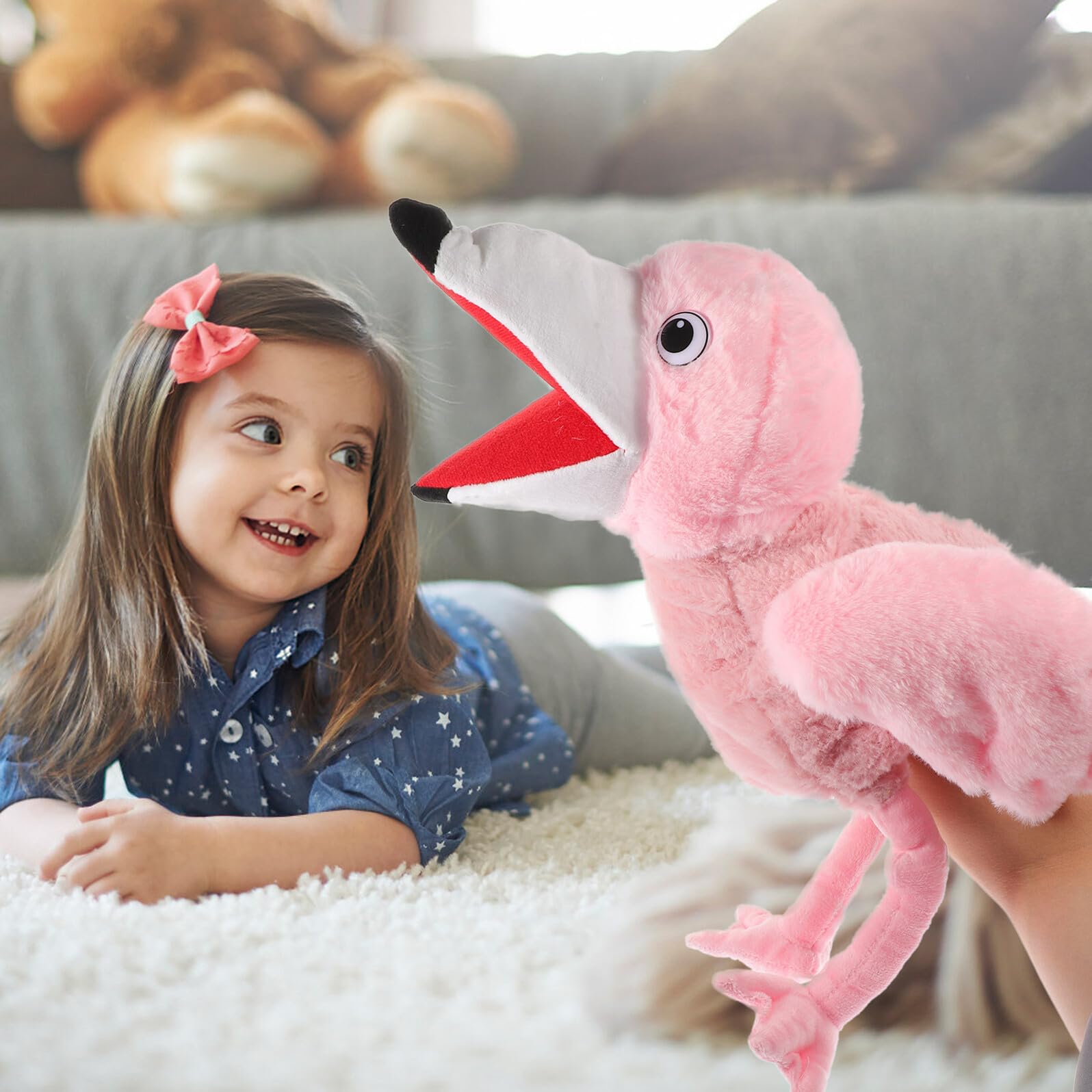 Marionetta a Mano Fenicottero in Peluche Morbido di Cotone Pp, Burattino Interattivo per Gioco di Ruolo e Narrazione, Giocattolo Educativo Adatto e Adulti, Stimola Creatività