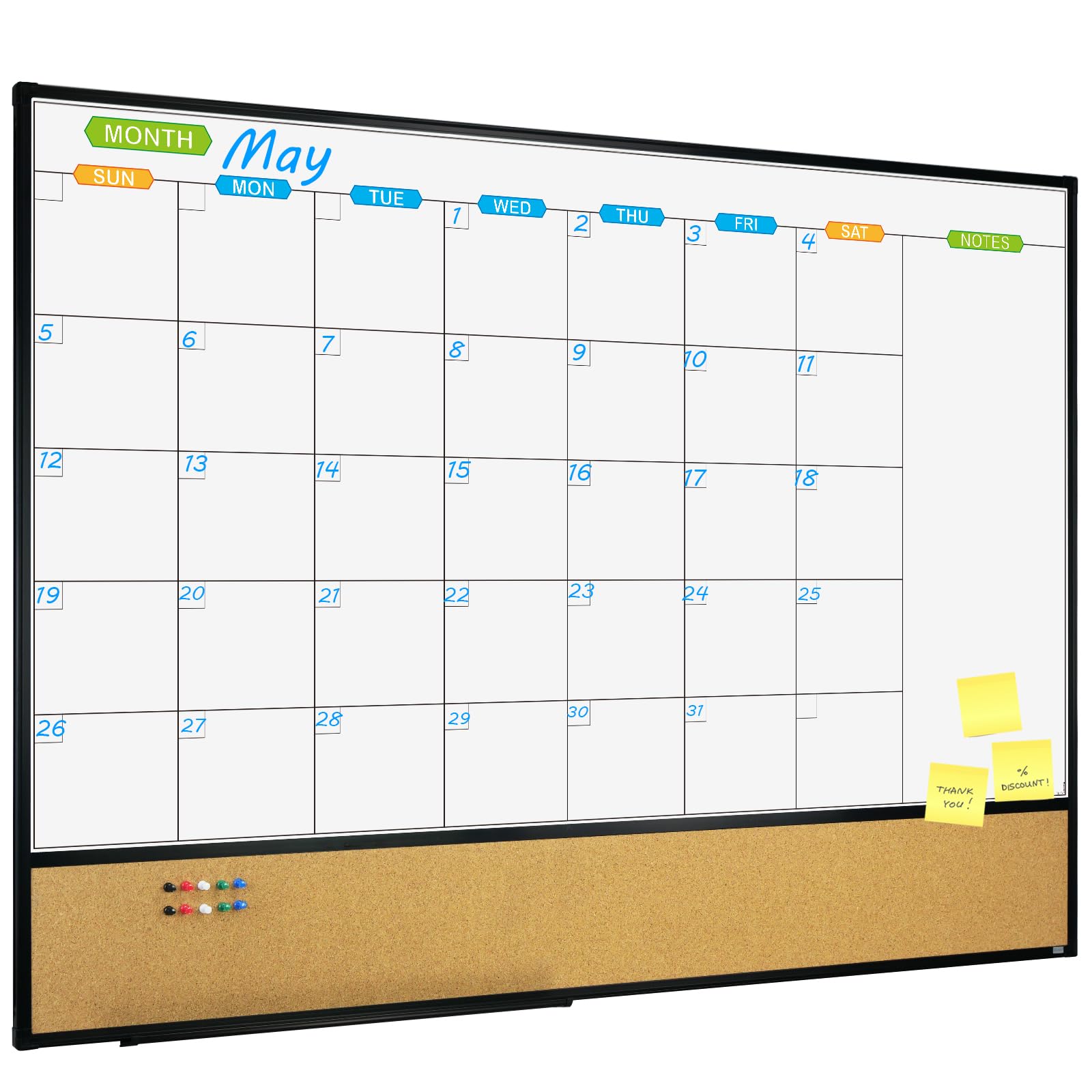 JILoffice Magnetic Calendar Whiteboard & Bulletin Corkboard Combination, Combo Board 48 x 36 Inch, Black Aluminum Frame Wall Mounted Board for Office