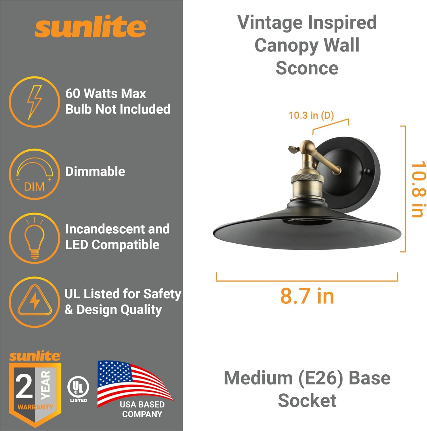 70% оƒƒ Evеrуthіng Sunlite 07036-SU Vintage-Inspired Canopy Wall Sconce Metal Industrial Style Fixture, Rustic Farmhouse Décor, Medium Base Socket (E26), UL Listed, Antique Brass and Satin Black Finish