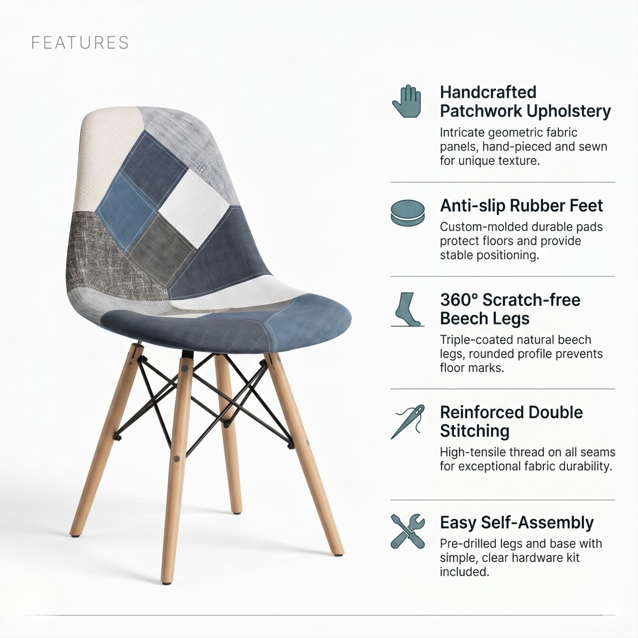 Urbancart Modern Patchwork Dining Chairs | Heavy-Duty Build | Stylish & Comfortable Upholstered Seating for Home, Café, Restaurant & Hotel | Blue 2