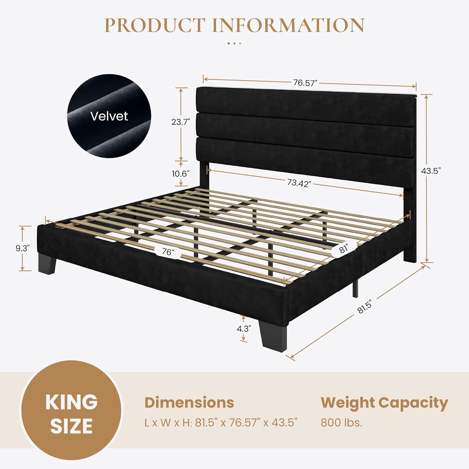 SHA CERLIN King Platform Bed Frame with Velvet Upholstered Headboard, Mattress Foundation with Strong Wooden Slats Support, No Box Spring Needed, Black
