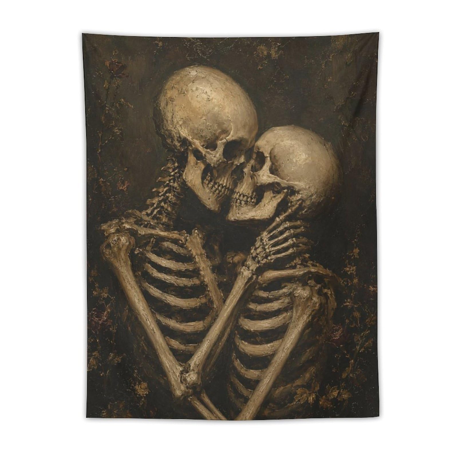 W7C8U2X3 Skeleton Couple Embrace Portrait Wall Tapestry, Entryway