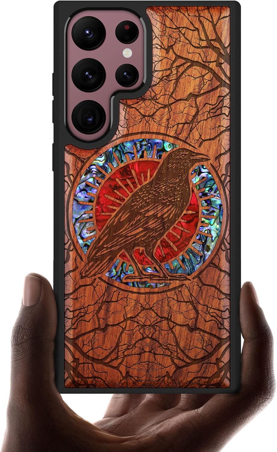 Carveit Designer Wooden Cover for Samsung Galaxy S22 Ultra Case [Wood Engraving & Shell Inlay] Compatible with Wireless Chargers S22 Ultra (The Haloed Crow-Blackwood)
