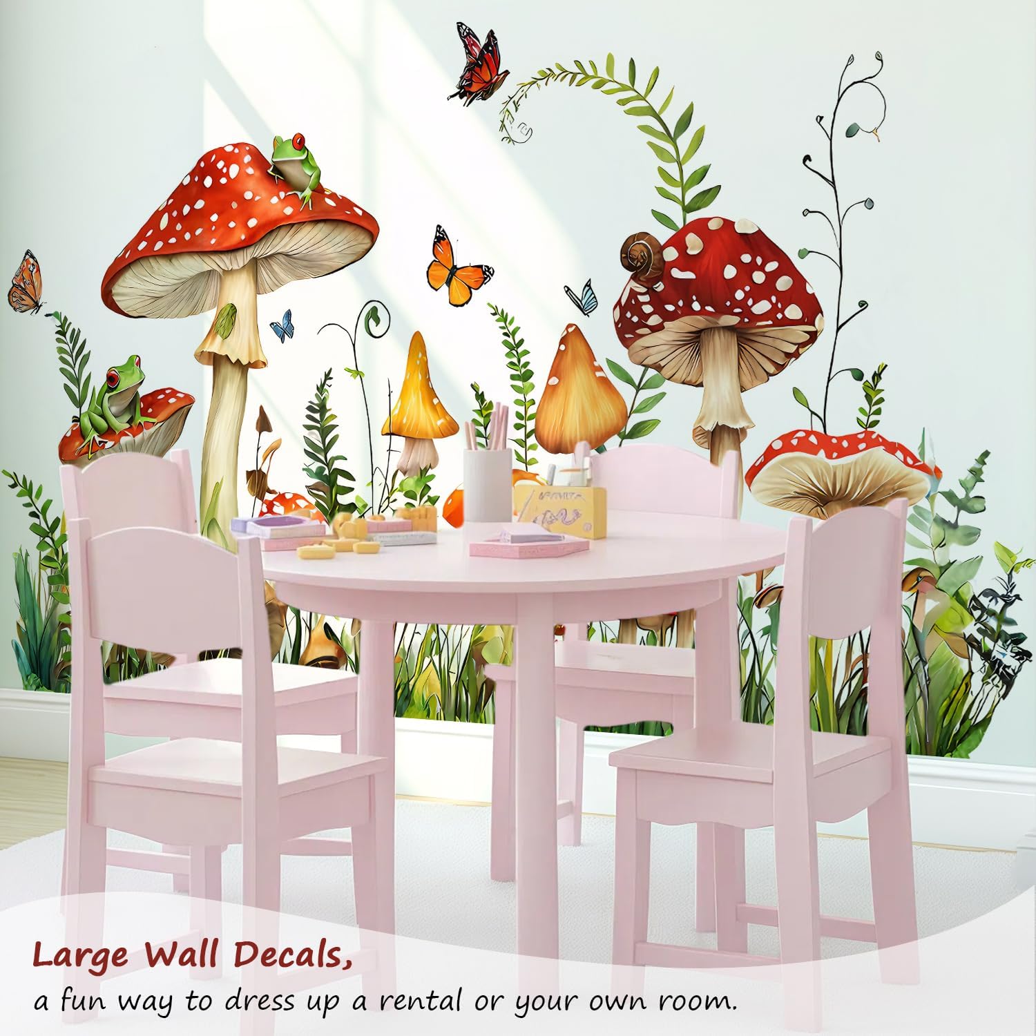 Mushroom Wall Decals Peel and Stick, Large Frog Butterflies Grass Vinyl Wall Stickers, Removable Home Decor Art for Bedroom Living Room Classroom Office