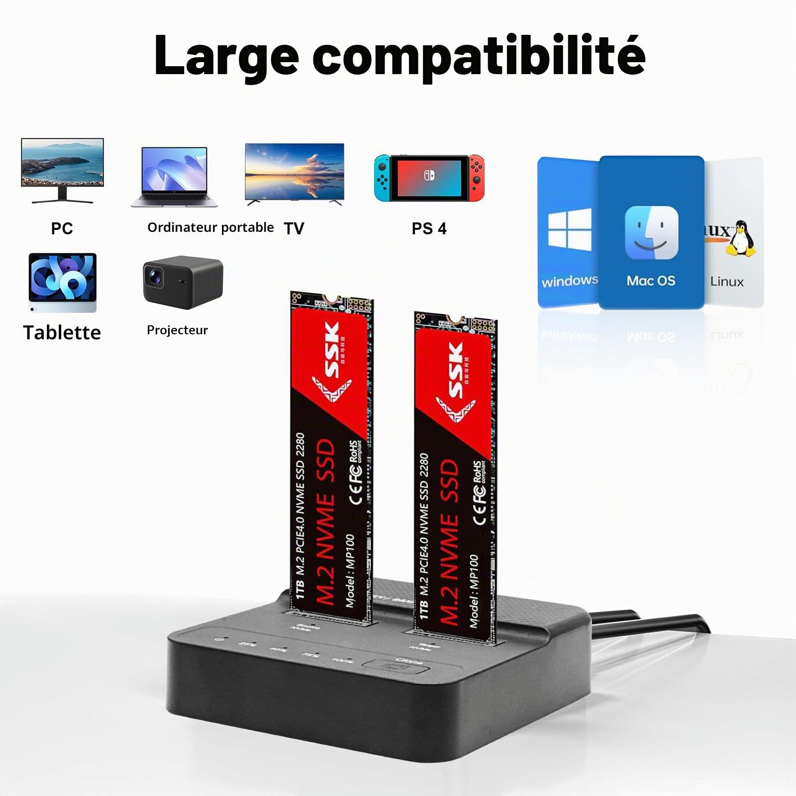 Station d'accueil pour disques durs Dual Bay NVMe M.2 SSD 20 Gbit/s USB 3.2 Gen 2 x 2 avec clonage hors ligne, adaptateur M.2 NVMe SSD sans outil pour SSD M Key/B+M Key