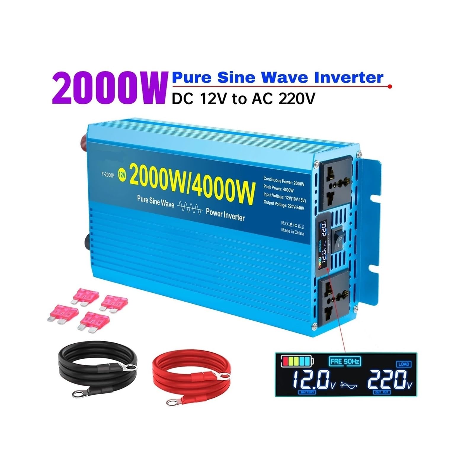 Inverter Inverter a Onda sinusoidale Pura da 1000 W a 4000 W, da CC a CA, for casa/Esterno, Pannello Solare, Display, Auto, convertitore(Deepener 10-12-14)