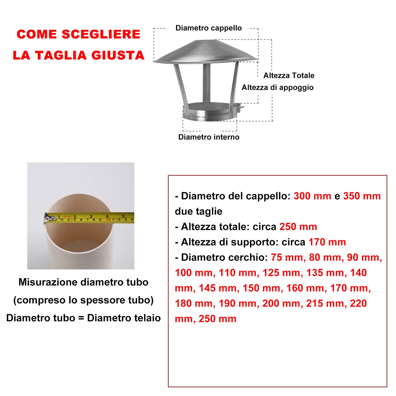 Terminale in Acciaio Inox per Canna fumaria, Tappo per Camino, Tappi per canne fumarie, Fumaiolo Cappello, con Regolabile Viti, Cappuccio Antipioggia per Camino (100mm/3.93in)
