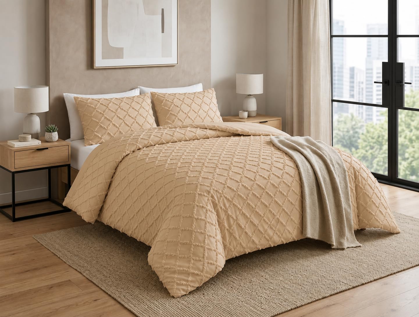Luxury Beige Tufted Duvet Cover SKing Set 3Pcs Soft Bedding & Pillowcases