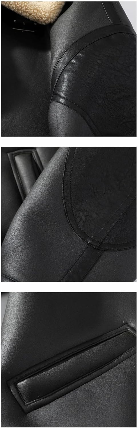 Men Leather Thick Jacket Warm Outwear Patchwork Faux Lamb Wool Fur Turn-Down Collar Coat