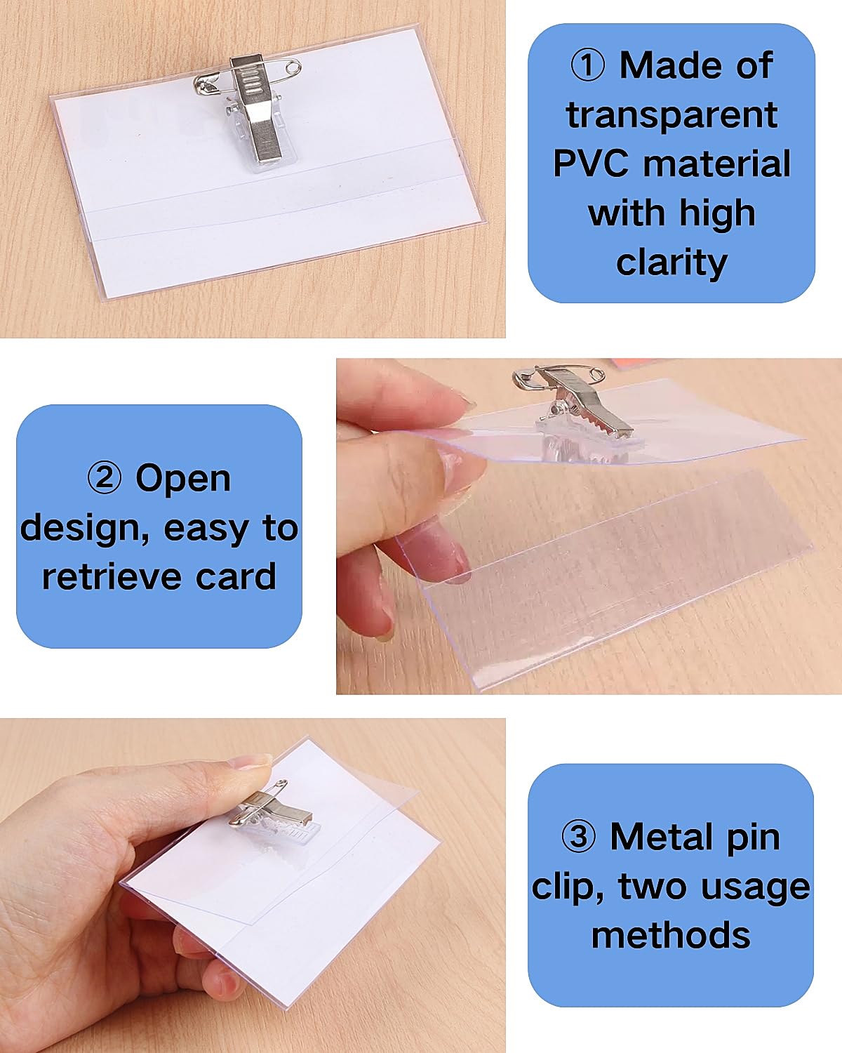 100 placas de identificación para ropa, 90 x 56 mm, transparentes, para identificación, identificación, con clip y pin para escuela, empresas, conferencias, viajes (100)