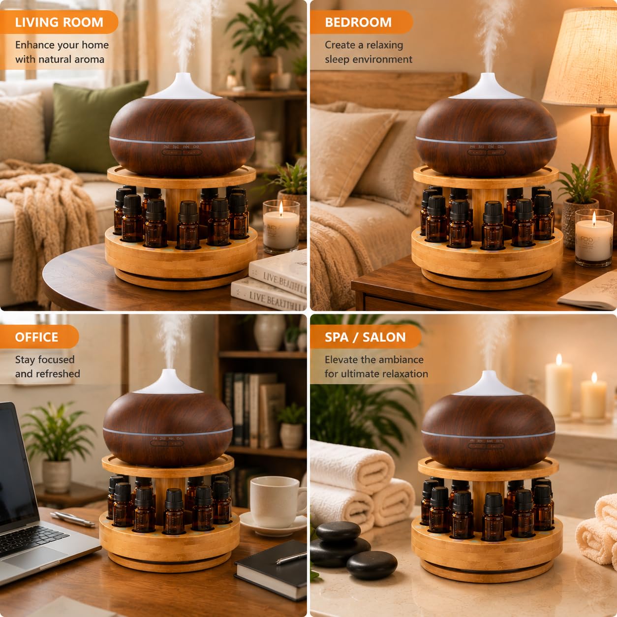 TJ.MOREE Carrousel en Bambou pour diffuseur - 2 Niveaux d'augmentation de Hauteur avec Plateau supérieur pour contenir Le diffuseur, pour Bouteilles d'huiles essentielles de 5 ML, 10 ML, 15 ML, 20 ML