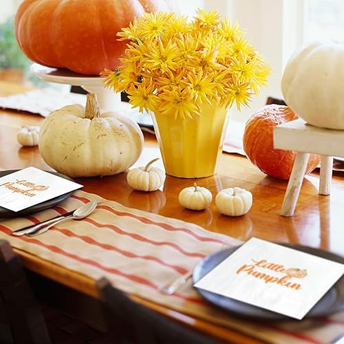 Miniatura 5 de Servilletas de calabaza naranja de 6.5 x 6.5 pulgadas para otoño, cumpleaños, baby shower, ideas de vajilla con texto en inglés "What Will Little