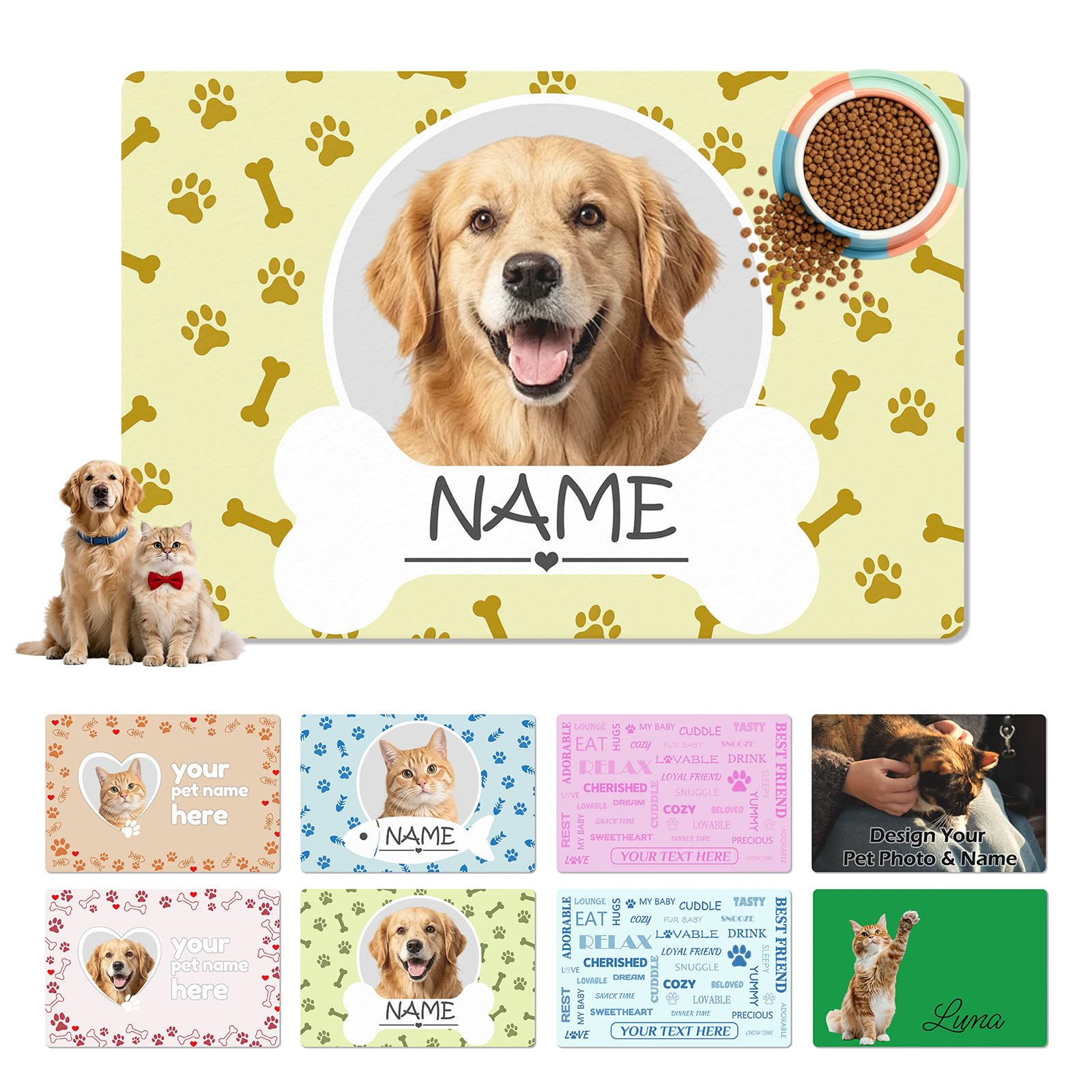 Custom Cat Food Mat with Pet Name Photo Personalised Dog Bowl Mats Non Slip Customised Pet Feeding Mat to Protects Floors Absorbent PU Custom Water Mats Quick Drying for Dog Mum Cat Dad