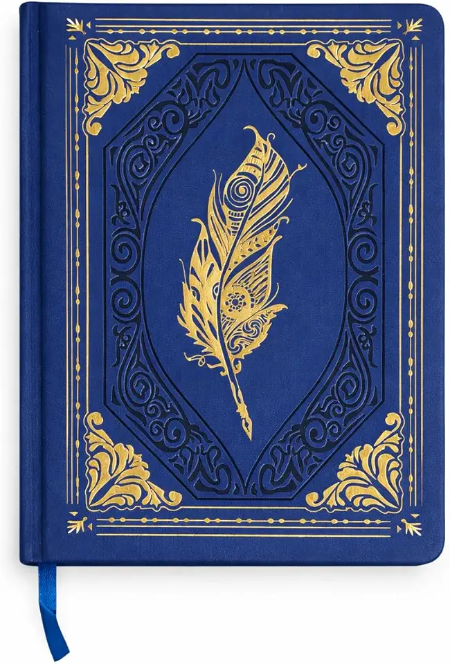 Caderno Vintage com Capa Dura Decorativa em Azul e Dourado, Design de Pena (Pena e Tinteiro não inclusos)