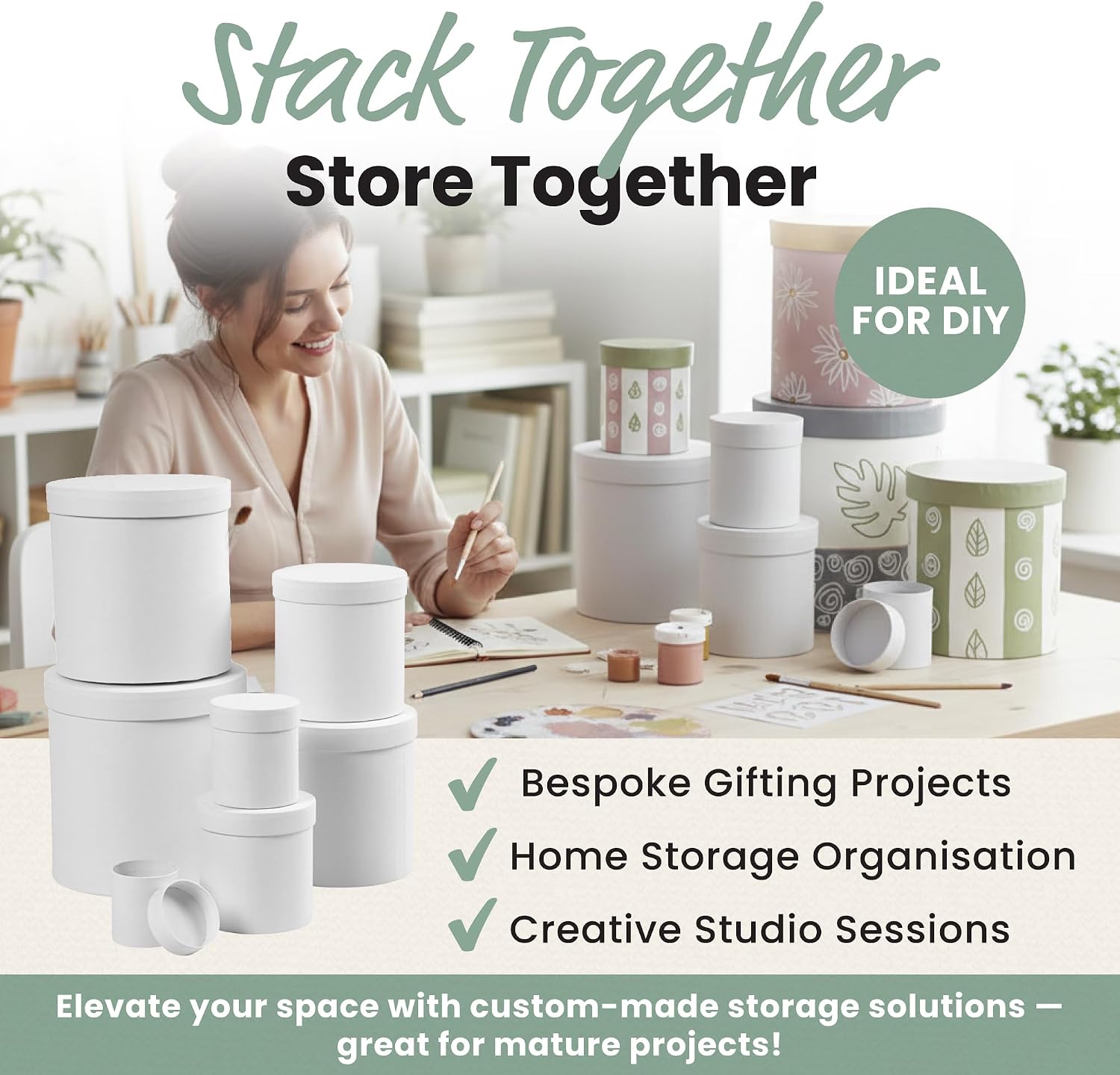 Creativ Round Boxes, round, D: 7+9+12+14,5+17+19,5+22 cm, H: 7,5+10,2+12,7+15,2+17,7+20,2+22,7 cm, white, 7pcs