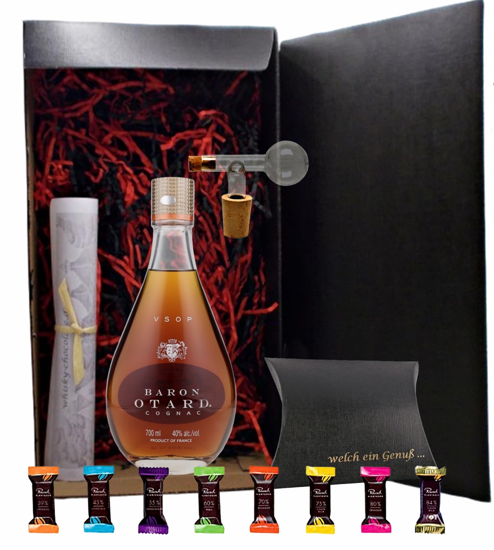 Baron Otard VSOP Cognac französischer Brandy + Glaskugelportionierer + 8 Edelschokoladen 8 Sorten im Geschenk Karton Geschenkset Männergeschenke