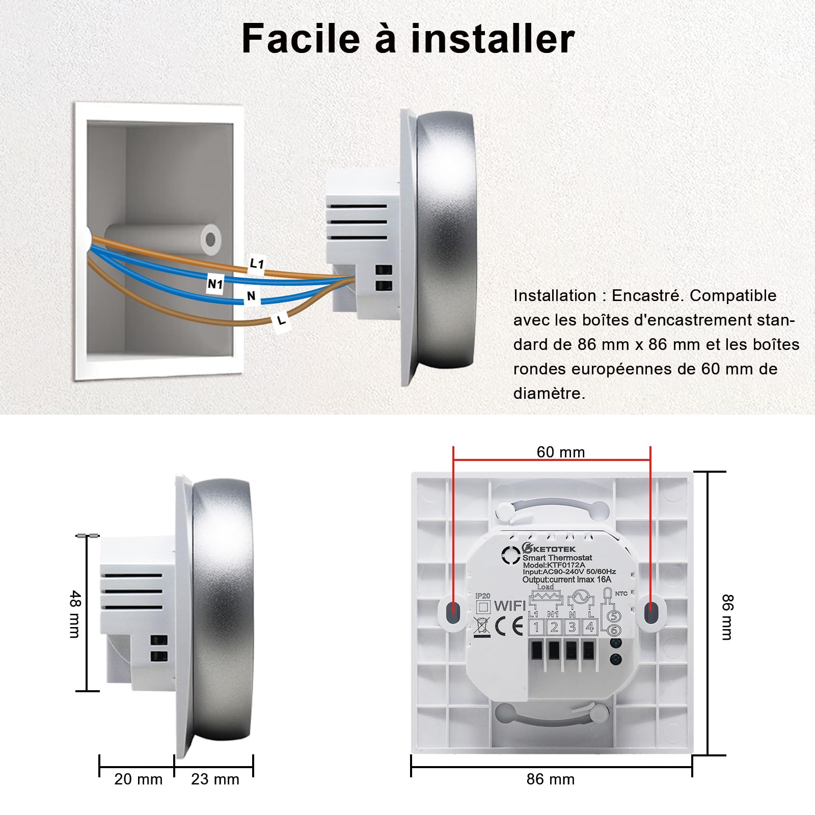 KETOTEK Thermostat Connecté WiFi pour Chauffage au Sol électrique 220V Noir | Intelligente Thermostat Ambiance Programmable pour Plancher Chauffant électrique 16A Compatible avec Alexa