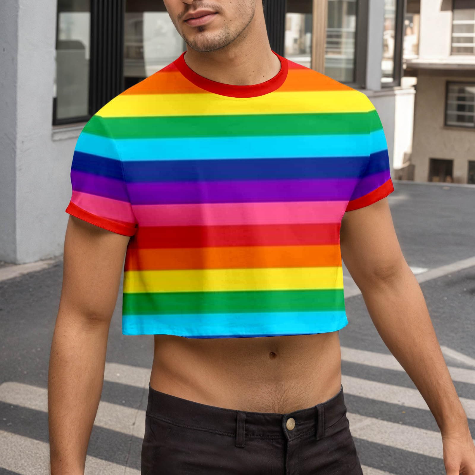 LGBTQ T-shirt arc-en-ciel sexy pour homme T-shirt gay drôle Crop Top Rayures Col rond Manches courtes Haut court LGBTQ Vêtements Arc-en-ciel T-shirts à rayures Crop Tops LGBT Pride Shirt