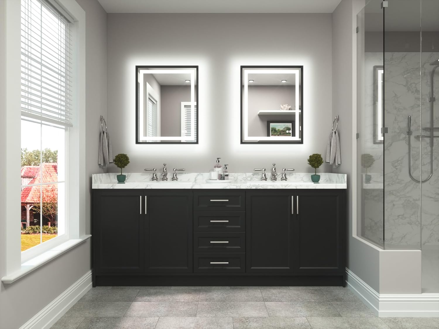 TETOTE 24 x 30 Brushed Black Metal Frame Frontlit & Backlit Vanity Mirror 3 Colors White/Warm/Natural Stepless Dimmable Anti-Fog Bathroom Mirrors for Vanity Wall-Mounted