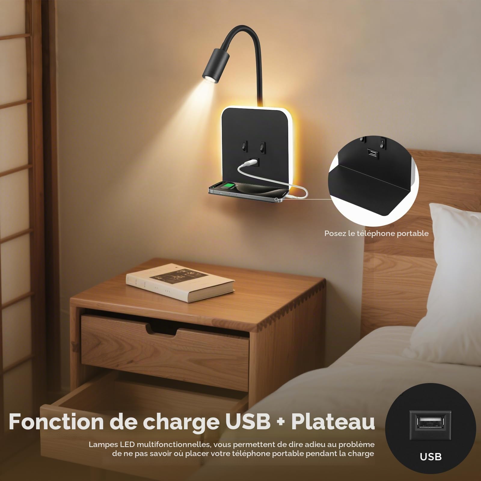 Applique Murale Intérieure LED, Liseuse de chevet LED avec Interrupteur Port USB, Plateau, 360°Réglable Applique Murale Lampe de Lecture de Chevet, Cou Flexible Lampe de Lecture, Lumières Murale(B)