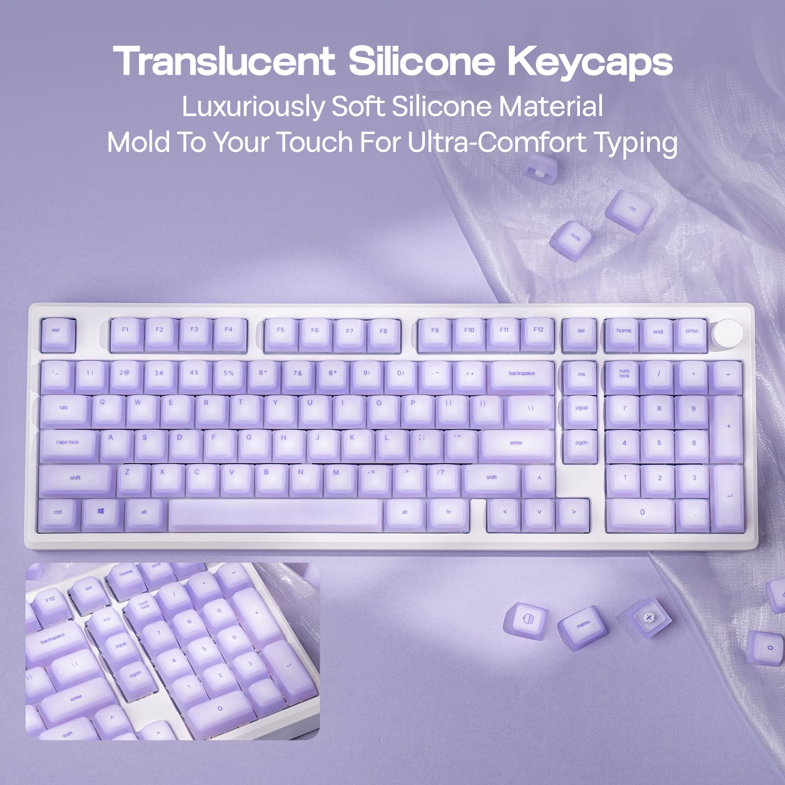 EPOMAKER AegisSil Keycap Set, Material de Silicona,Perfil Cherry,113 Teclas,Tamaños 65%/75%/96%/Completo, Juego de Teclas Personalizadas para Teclados Mecánicos Cherry MX,Kailh,Outemu,Gateron (Morado)