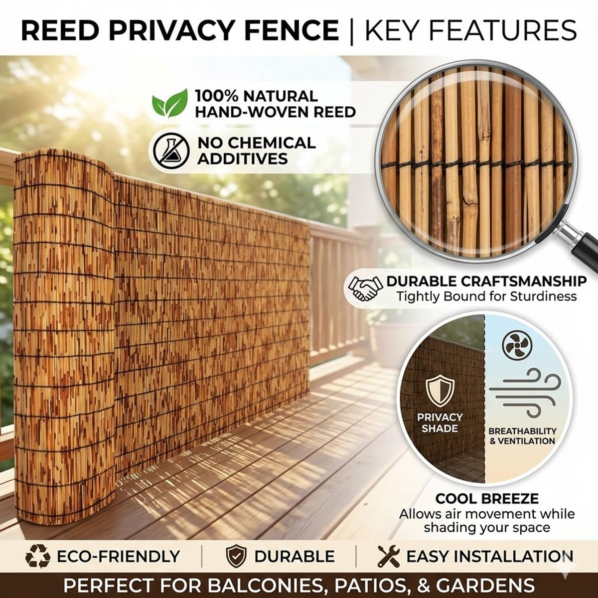 Canisse en Roseau Naturel 1,2x5m, Brise-Vue pour Balcon, Jardin et Terrasse, Panneau de Clôture Décorative avec Attaches, Protection Intimité et Pare-Soleil, Aspect Bambou(1.20mx5.0mx1pack)